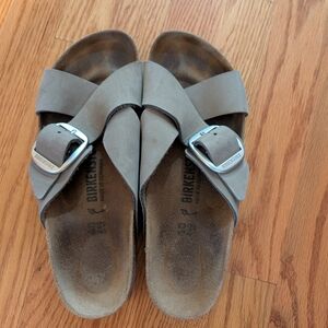 Birkenstock Taupe Sandals with Metallic Buckle
